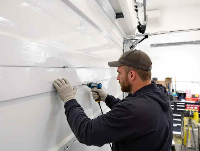 Laguna Niguel Garage Door Repair technician demonstrating precision dent removal techniques on a Laguna Niguel garage door